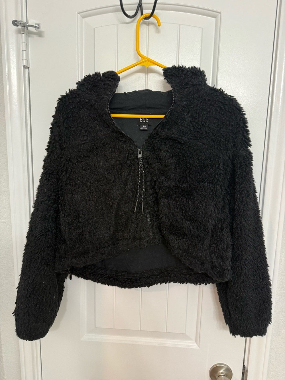 BDG Black Plush Cropped Teddy Zip Jacket